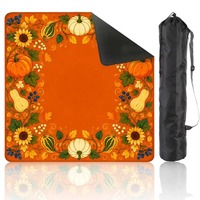 Tapis de mahjong carré antidérapant à motif floral bleu et citrouille d'automne avec sac de rangement