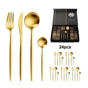 24pcs Gold Plated Flatware Box Set Portugal Knife Spoons and Forks Set Stainless Steel Cutlery with Gift Box