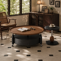 Table basse ronde moderne avec plateau en bois grainé et base tambour à roulettes pour salon, appartement, hôtel, intérieur