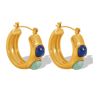 Boucles d'oreilles créoles plaquées or avec pierre naturelle, design géométrique en forme de C, bijoux de mode pour femme - Product Image 5