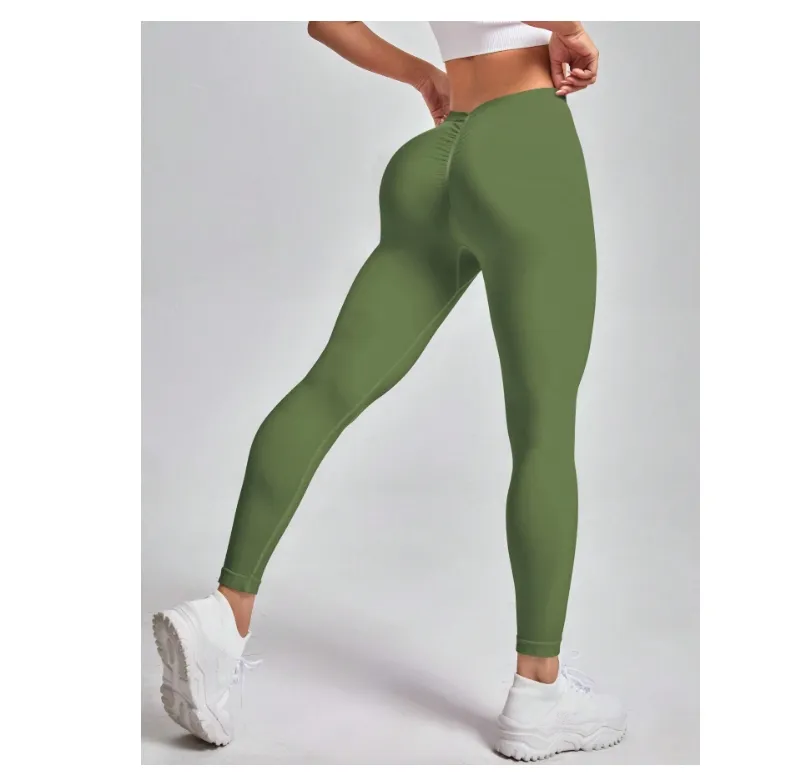 Avrupa ve amerikan zımpara V bel kat düz renk şeftali kalça yoga pantolon spor koşu fitness pantolonları kadın giyim