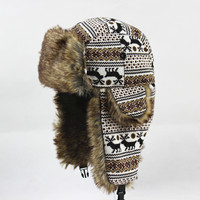 QJ OEM Personnalisé Bonnet Ushanka Style Urbain Nordique en Tricot Jacquard à Carreaux avec Cache-Oreilles, Nœuds et Motifs à Pois, Coupe-Vent Hiver, Style Plage et Personnalisé