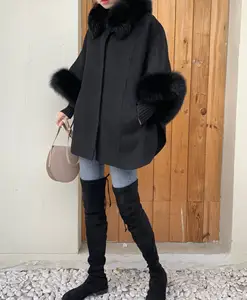 Роскошная двусторонняя отделка из лисьего меха, черная кашемировая шаль, шерстяное пальто, куртка, зимняя меховая женская накидка
