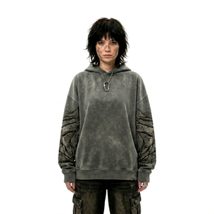 Sudadera con capucha gris personalizada con lavado mineral, gráfico de calavera de cueva, mangas con estampado de tierra agrietada, estilo streetwear de alto gramaje, fabricante - Product Image 1