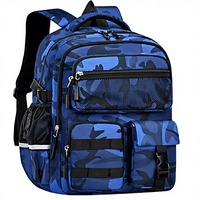 Sac à dos scolaire pour garçons, bleu camouflage, multi-poches, fermeture éclair, 02-L
