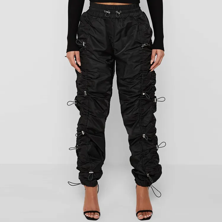 2022 Fashion Hip Hop Nylon Bungee Ruched Track Sport Black Long Stacked Cargo Pants Women