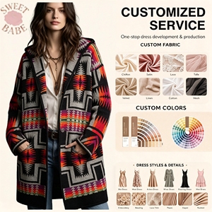Manteau long à capuche imprimé géométrique style bohème pour femme, coupe ample, ouvert sur le devant, service de personnalisation disponible - Product Image 1
