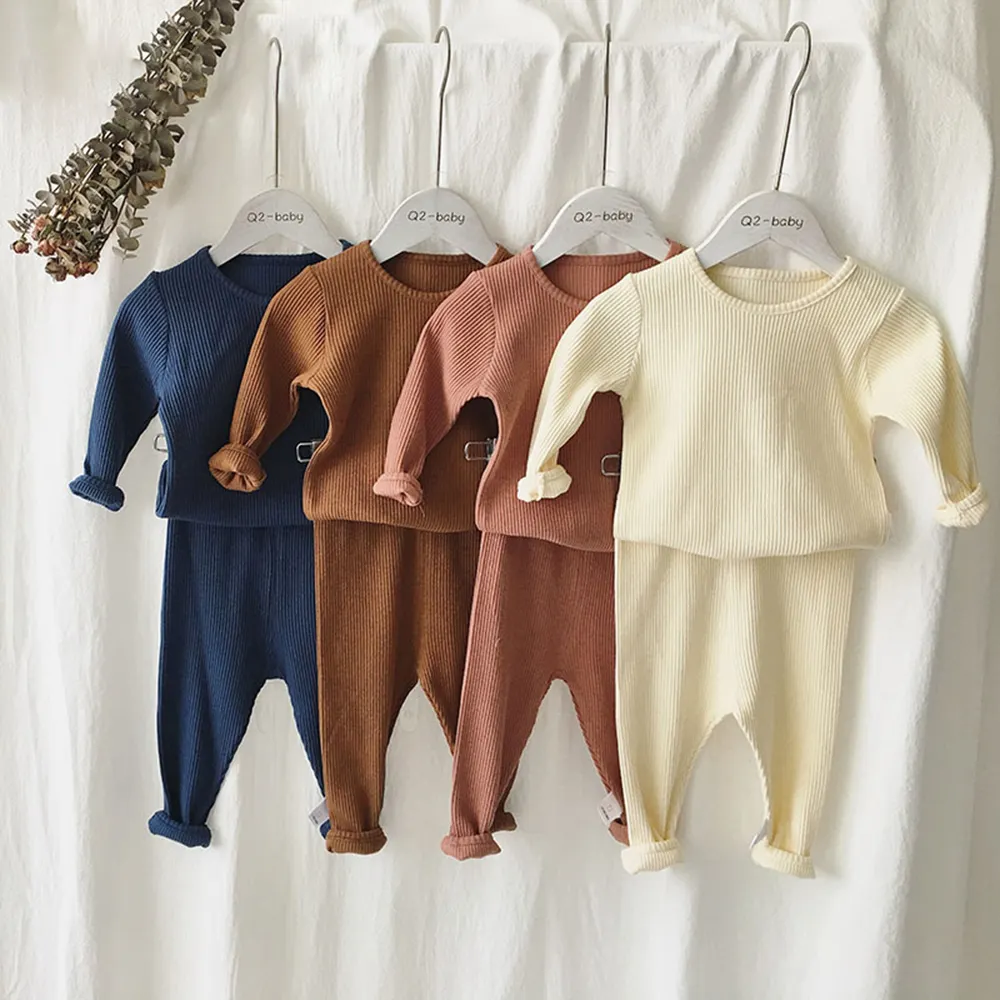 Bộ Quần Áo Trẻ Em Sơ Sinh Bán Chạy, Bộ 2 Chiếc Quần Áo Cotton Có Gân Màu Trơn