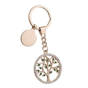 Portachiavi Albero della Vita in oro rosa con pietre verdi e bordo in cristallo per chiavi dell'auto - Product Image 1