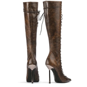 Lace up Front Cut Out Women Knee High Boots Big Size 44 Solid Stiletto Dress <b>Shoes</b> Slim Heels Side Zipper Long Boots - Product Image 2