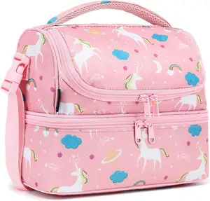 Unicorn Kids Double Cooler Insulated Lunch Bag Large Tote for Girls With Adjustable Shoulder Strap