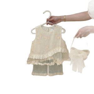 Girls Clothing Set Beige Embroidered Top With Ruffles And <b>Light</b> Blue Jeans Two Piece Summer Outfit For Toddlers - Product Image 5
