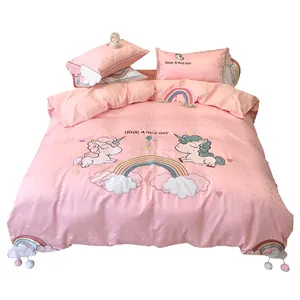 Juego de ropa de cama con diseño de unicornio para niños, funda de edredón 3d con apliques, Sábana de algodón 100%