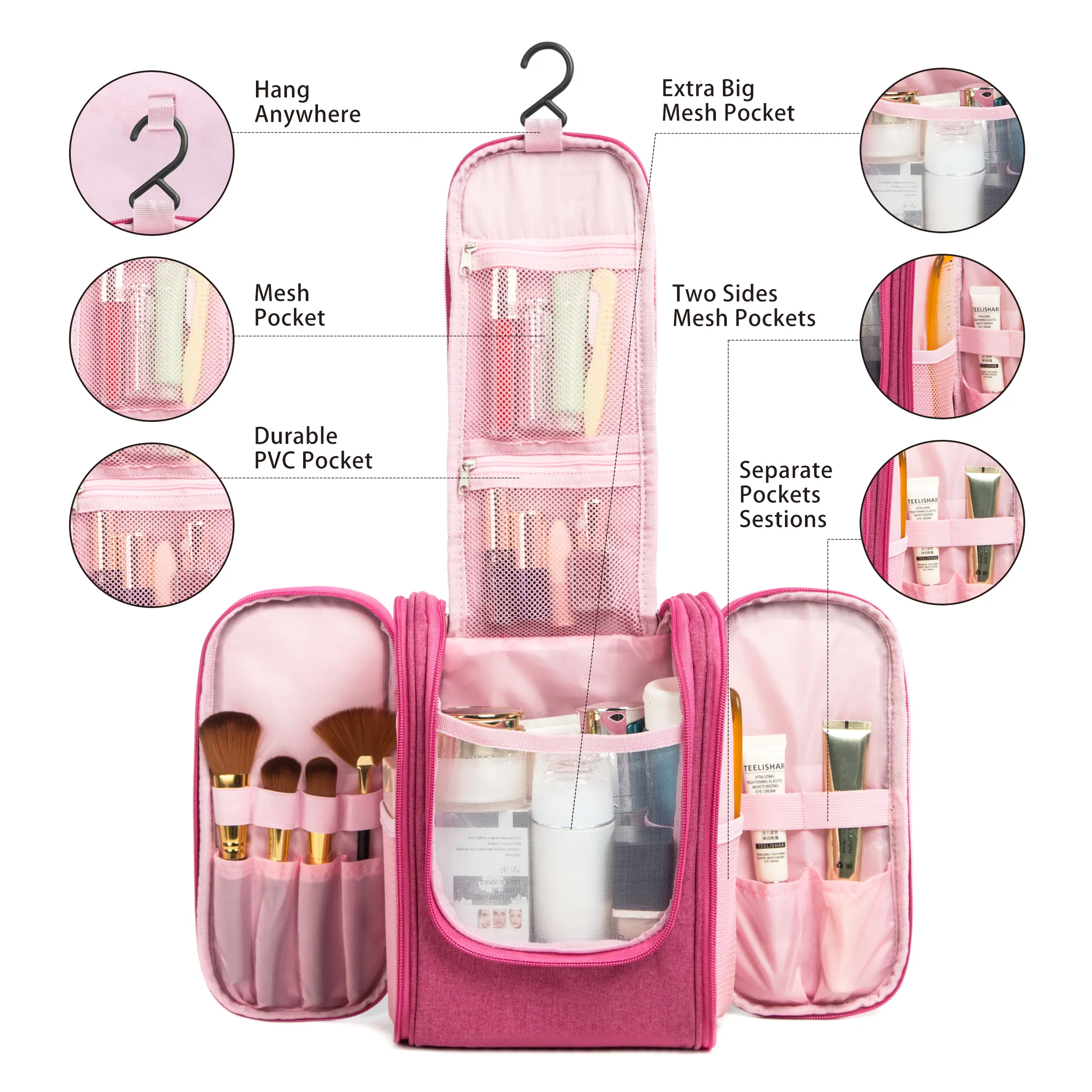 Wholesale Toiletry Bag For Women Travel Organizer With Hanging Hook Water-resistant Cosmetic Makeup Bag