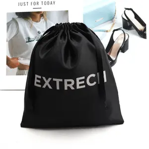 Bolsa de pó de cetim preto estampada com logotipo personalizado para extensão de cabelo, tecido de seda reutilizável para presente, bolsa de armazenamento de roupa de banho, peruca