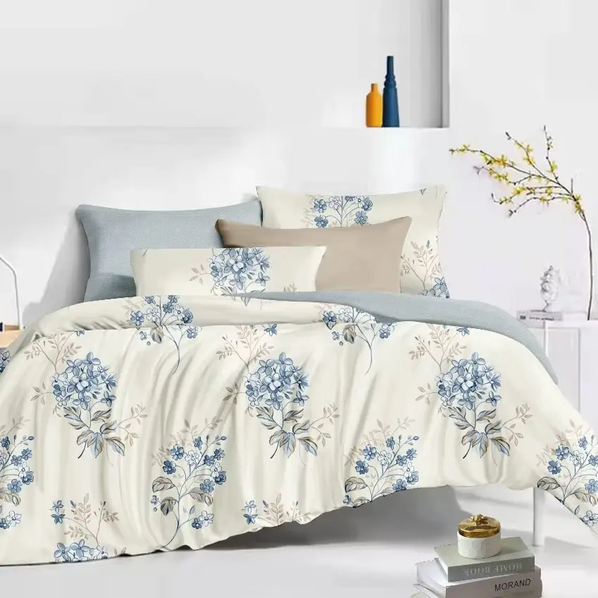ใหม่มาถึงที่สวยงามดอกไม้สีฟ้าชุดผ้าปูที่นอน Super Soft 100% โพลีเอสเตอร์ชุดผ้าปูที่นอน