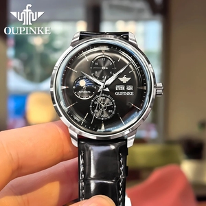 OUPINKE 3309 <b>Mechanical</b> Wrist watch for Men Auto Date Moon Phase Waterproof TOP Brand Man Hand <b>Clock</b> Leather Strap Men Watches - Product Image 6