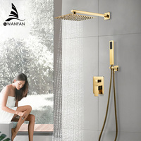 Robinetterie de douche encastrée murale, système de douche à effet pluie doré, ensemble de robinetterie de bain et de douche, robinetterie en laiton carrée moderne en céramique