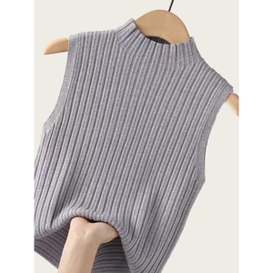Top de punto acanalado sin mangas para mujer - Chaleco de cuello alto simulado Ropa de mujer a la moda - Product Image 3