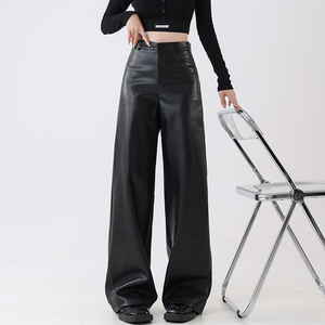 <span class=keywords><strong>Pantaloni</strong></span> Vintage da <span class=keywords><strong>Donna</strong></span> Estivi in PU, Gamba Larga, Vita Alta, Chiusura con Cerniera, Neri <span class=keywords><strong>di</strong></span> Alta Qualità - Product Image 4