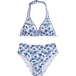 FOXA Girl's 2 Piece Floral Print Halter <b>Bikini</b> High Waisted Swimwear Stretch Spandex Polyester Bathing Suit - Product Image 1