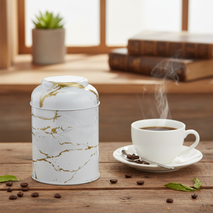 Recipiente Redondo de Metal Kontensan, Color Blanco Mármol, 0.6L, 90mm X 110mm, con Tapa de Domo, para Accesorios de Café y Té, Modelo EF08051 - Product Image 3