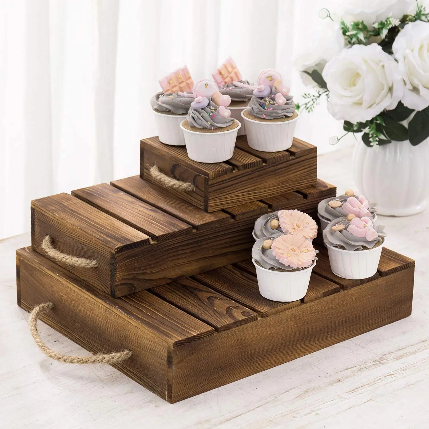 Burnt Wood Rustic Cake Stand Risers untuk Display Gaya Palet Kayu Makanan Penutup Berjenjang Berdiri Kotak Display Cupcake dengan Tali"