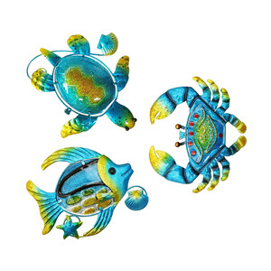 Oniya Beach Metal Ocean Wall Decor Set di 3 Blue Metal Sea Turtle Fish granchio 3D Wall Art scultura Indoor per la decorazione domestica - Product Image 1