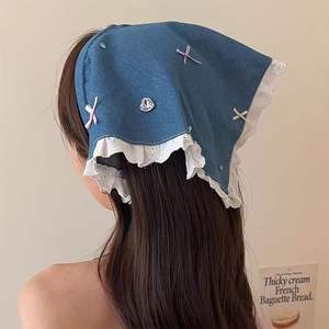 French Country Triangle <strong>Lace</strong> Denim Blue <strong>Headband</strong> with Bow, Beach Top Knot Hairband, Cute and Sweet Hair Accessory for Photos - Product Image 4