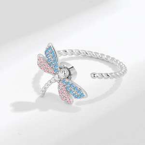 Best Selling <b>Anxiety</b> <b>Ring</b> Micro Insert Pink Blue Zirconia Copper <b>Gold</b> Plated Adjustable Girl's Insects Dragonfly Jewelry - Product Image 2