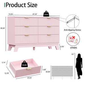 Fluted Dresser for Bedroom with <b>6</b> <b>Drawers</b>, 48" Wide Modern Chest of <b>Drawers</b> Metal Handle, Wooden TV Stand - Product Image 6