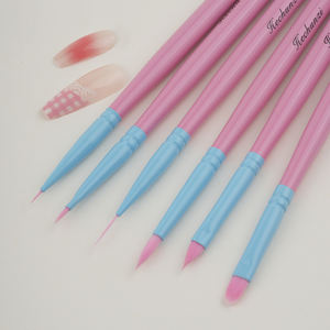 Ensemble de 6 pinceaux professionnels pour nail art, manche en bois, poils synthétiques rose-bleu, ombré, logo personnalisé, pour la conception de lignes et le nail art 3D - Product Image 2