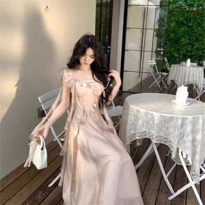 Vestido Midi Estilo Francés con Cuello Cuadrado y Lazo, Cintura Imperio, Casual para Uso Diario - Product Image 2
