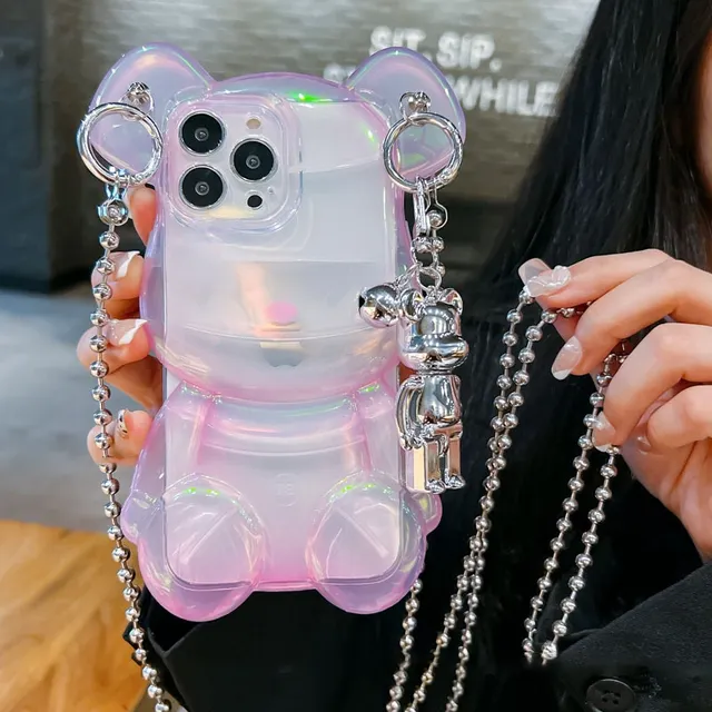 일본 한국 귀여운 3D 반짝이 블링 핑크 베어 진주 크로스 바디 끈 체인 소프트 케이스 아이폰 11 12 13 14 프로 XR X XS 맥스 커버