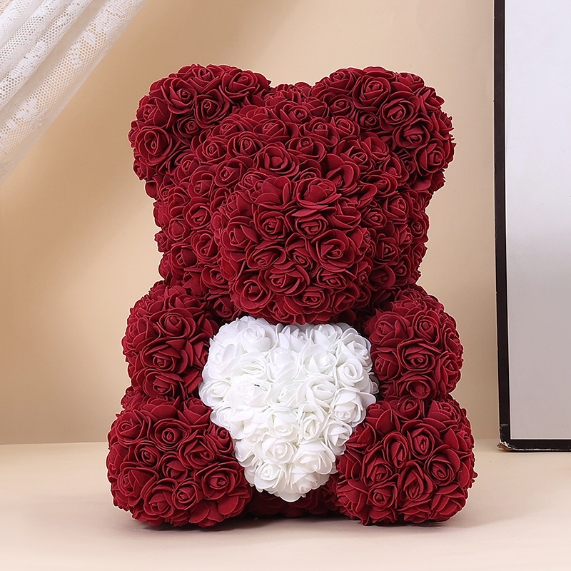 Wine red holding white heart rose bear