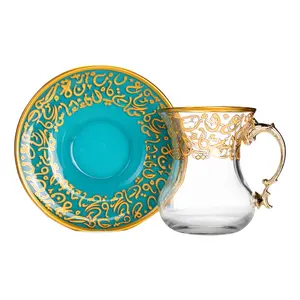 Luxury Color Painted Teacup Coffee Thin Waist Turkish Tea Set With Customized Color Turquoise Glass Mug Set