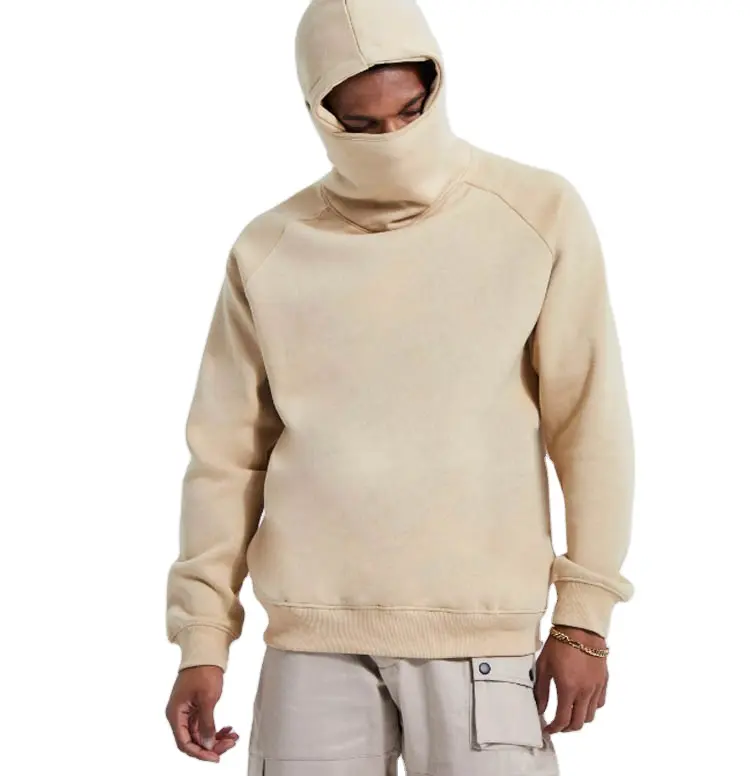 2023 kış yüksek kalite bej kalın pamuk poli polar boy Raglan kollu tam yüz maskesi hoodie erkekler için