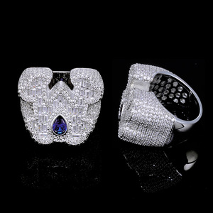 Hip-hop Blue Water Drop Gem <b>Letter</b> Ring, Full T-square Zircon Ring Jewelry - Product Image 2