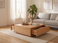Table basse moderne en bois massif chêne rouge - Table centrale design avec deux tiroirs à ouverture par pression, écologique et durable pour une vie de luxe