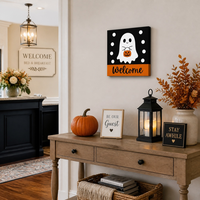 Selamat Datang di Galeri Seni Dinding Hantu Halloween, Cetakan Kanvas Terbungkus, Hitam Oranye, Dekorasi Liburan Rumah Pedesaan yang Seram