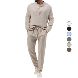 <b>Men's</b> Solid Cotton Waffle <b>Shirt</b> Set <b>Long</b> <b>Sleeve</b> Breathable Spring Casual Wear <b>White</b> - Product Image 2