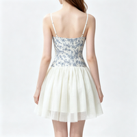 Robe courte à bretelles fines à imprimé floral bleu, corsage ajusté, jupe en tulle, robe d'été douce pour femmes, robe de soirée romantique