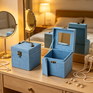 Boîte à bijoux en tissu bleu ciel avec miroir et poignée, organiseur de bijoux vintage portable, étui de voyage portable - Product Image 5