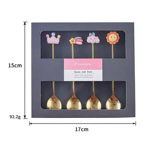 غير القابل للصدأ ، ملعقة لطيفة مزينة برسوم كرتونية لتحريك القهوة بعد الظهر طقم من 4 قطع