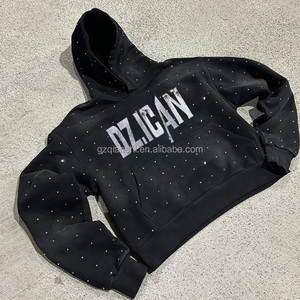 Sweat-shirt en molleton français surdimensionné personnalisable, Hoodie court imprimé, Fabricant de hoodies, Hoodie noir délavé à l'acide avec strass - Product Image 2