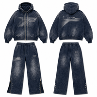 Ensemble survêtement vintage délavé pour homme : sweat à capuche court zippé et pantalon de jogging ample, brodé, streetwear, en coton épais 100%, personnalisable