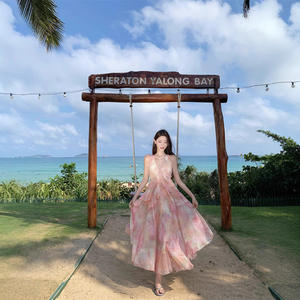 Vestido Maxi con Estampado de Pintura al Óleo, Cuello Halter, Espalda Descubierta, Cintura Imperio, Silueta en A, Transpirable, Poliéster/Algodón, Vestido de Verano - Product Image 3