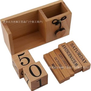 Wooden Desktop <b>Calendar</b> With Pen Holder Square Solid Wood Creative Ornament For Home Office Desk Use - Product Image 2