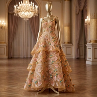 Nouveau Tissu de Luxe Respirant et Écologique en Dentelle Brodé Orange 100% Polyester, Dentelle Perlée Lourde, Dentelle en Maille à Paillettes, Mousseline 3D