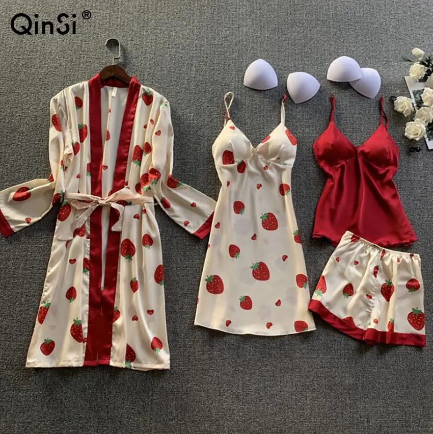 QINSI Woman Polyester 4 Piece Womans Holiday Nightwear Sleepwear Pajama Set
